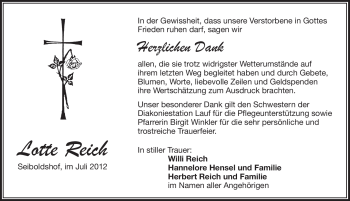 Traueranzeige von Lotte Reich von Pegnitz-Zeitung